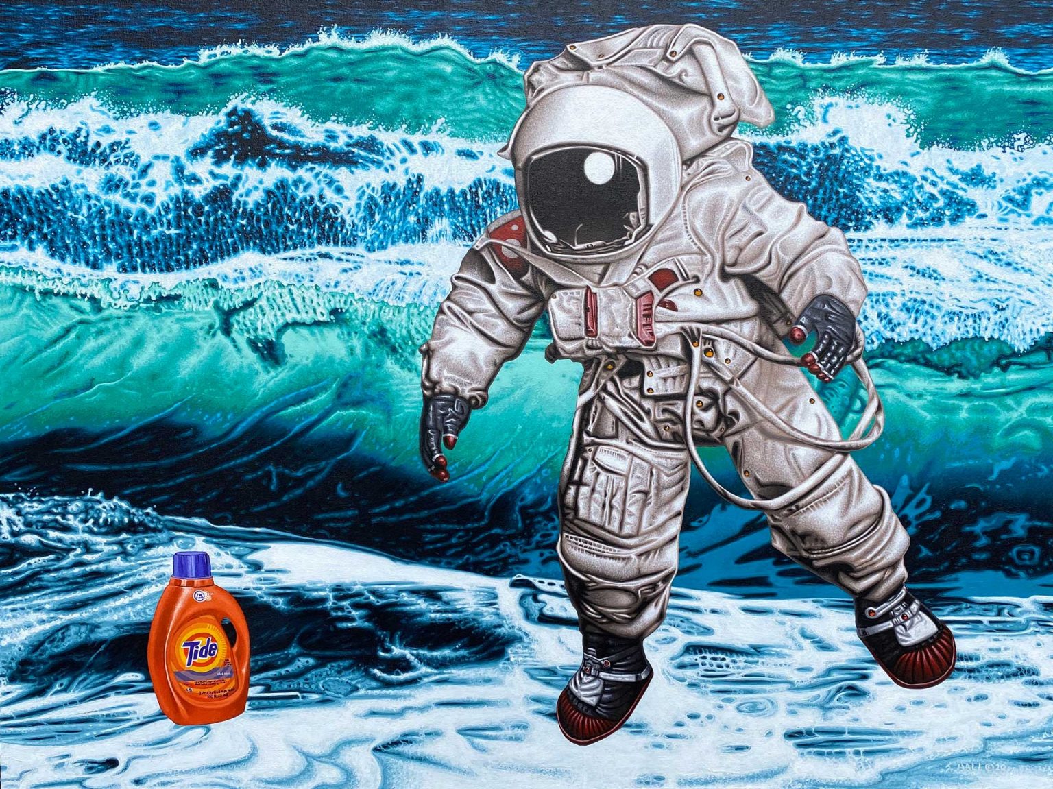 An astronaut floats over green and blue ocean waves. In the bottom left corner is a bottle of Tide detergent.